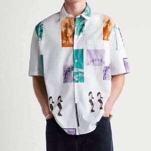 Zara Men’s Relaxed Fit Patchwork CA Photo Print Shirt L Short Sleeve Button Down